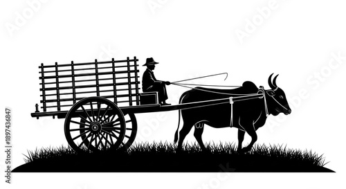 Rural Farmer Driving Ox Cart for Agriculture and Transportation, Traditional Village Life, Harvest Season Journey