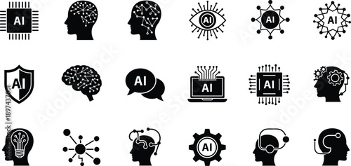 Comprehensive set of black and white artificial intelligence icons featuring neural networks, robot heads, circuit boards, digital brains, and smart technology symbols.