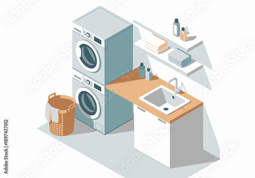 Laundry room with washing machines, sink, and cleaning supplies in a modern domestic setting