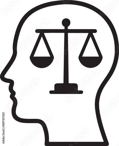 Legal Ethics and Moral Judgment Icon Featuring Scales of Justice Inside Human Head Silhouette