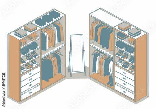 Modern closet organization system with shelves and drawers viewed from an isometric perspective