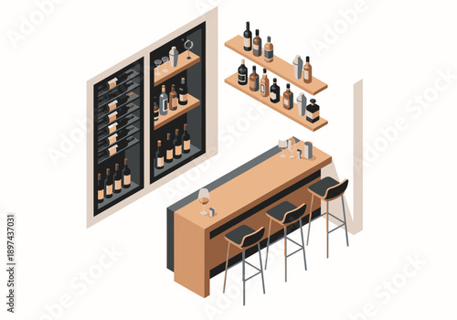 Isometric illustration of modern bar with wine cellar and stools viewed from above