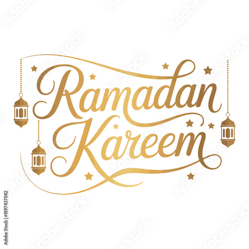 Ramadan kareem golden calligraphy design with hanging lanterns and stars, festive islamic holiday greeting text
