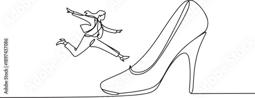 Single one line drawing young businesswoman kick giant foot stomp. Office worker doing flying kick to big high heels. Minimal metaphor concept. one line Icon drawing