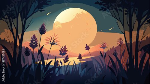 Very beautiful dark silhouettes of wild grass and flowers stand against a glowing full moon, creating a minimalist nocturnal composition rich in contrast and quiet emotional depth.