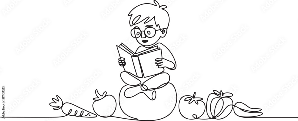 Fototapeta premium Continuous one line drawing young boy reading on tomato. Read seriously. Looking for additional knowledge. Nerd. Boy Reading Book at Vegetables and Fruits. one line Icon drawing