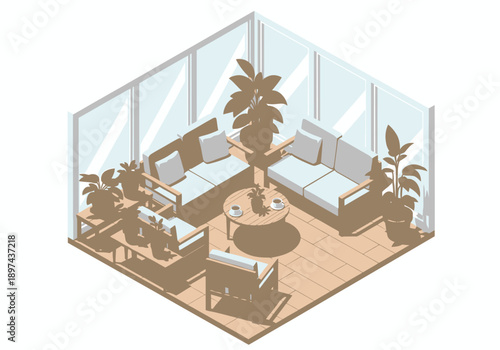Isometric illustration of a modern living room with furniture and plants in a serene environment viewed from above