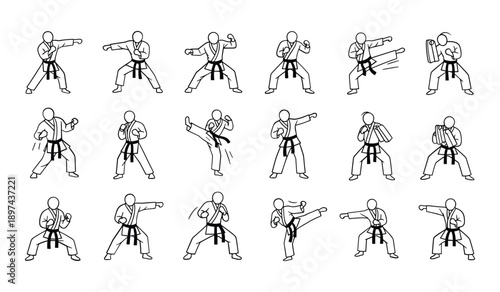 Karate martial arts poses and actions in black and white line art fighting