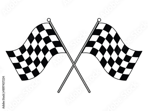 Two racing checkered flags crossed on poles for start or finish line in motorsport competition event