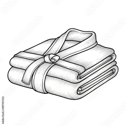 Folded bathrobe with tie line art illustration.