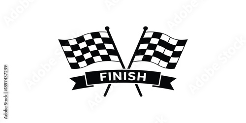 Racing checkered flag with finish banner and crossed poles monochrome vector illustration for competition rewards and sport achievement