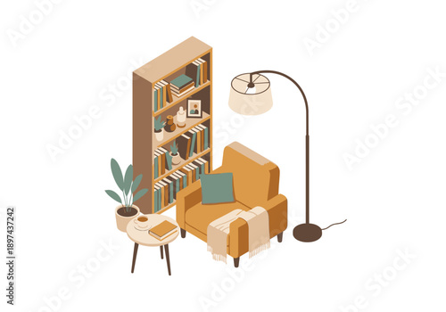 Cozy reading nook with bookshelf, lamp, and armchair in a serene indoor setting viewed from a slight angle