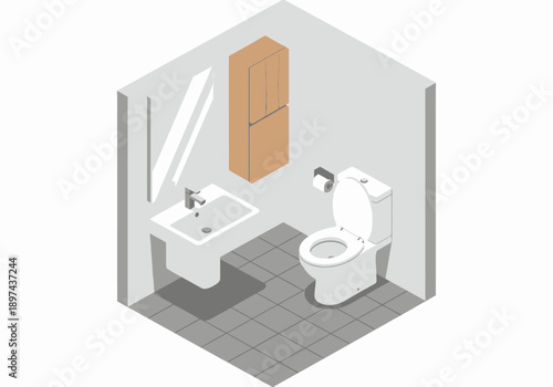 Isometric view of a modern bathroom with toilet, sink, cabinet, shower, and tiles in a compact space