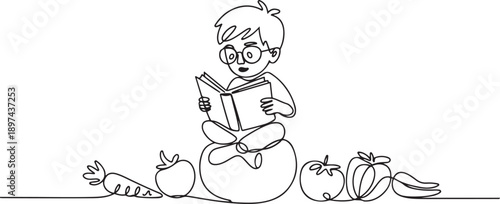 Continuous one line drawing young boy reading on tomato. Read seriously. Looking for additional knowledge. Nerd. Boy Reading Book at Vegetables and Fruits. one line Icon drawing