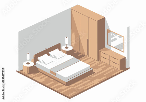 Isometric view of a modern bedroom with bed, wardrobe, dresser, lamps, and mirror in a wooden floor environment