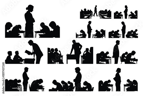 Classroom silhouettes of students and teachers learning