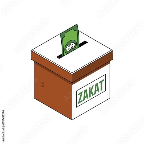 Isometric charity donation box with zakat label and green money banknote vector icon for islamic religious giving and financial welfare
