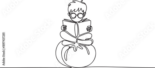 Continuous one line drawing young boy reading on tomato. Read seriously. Looking for additional knowledge. Nerd. Boy Reading Book at Vegetables and Fruits. one line Icon drawing