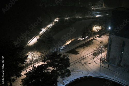 High Angle Night View of a Snowy Park and Road with Tire Tracks