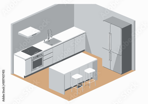 Modern kitchen interior with sleek appliances and minimalist decor viewed from an isometric perspective, featuring a kitchen island and stools.