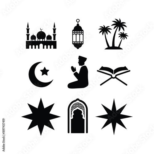 Set of black silhouette islamic symbols including mosque, lantern, palm trees, crescent moon, praying person, holy book, and stars