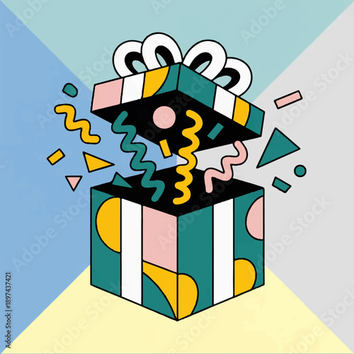 A flat vector illustration of an open 3D gift box with a white bow, from which geometric patterns emerge.