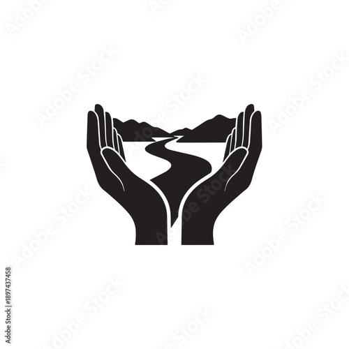 Hands cradle a flowing river through mountains, representing environmental protection and natural resource preservation.