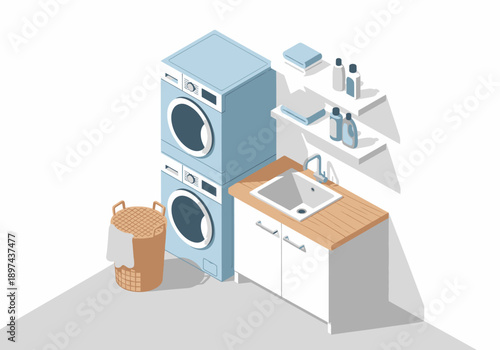 Laundry room interior with washing machine, sink, and storage, viewed from a 3D perspective