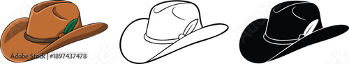 Cowboy stetson hat silhouette & Outline and illustration set isolated on transparent background