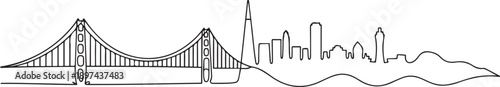 Single continuous line drawing of San Francisco city skyline, United States. Famous landscape. World travel concept home art wall decor poster print. one line Icon drawing
