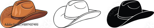 Cowboy stetson hat silhouette & Outline and illustration set isolated on transparent background