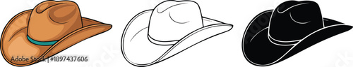 Cowboy stetson hat silhouette & Outline and illustration set isolated on transparent background