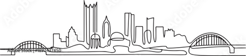 One single line drawing of Pittsburgh city skyline, Pennsylvania. Historical town landscape in world. Best holiday destination. one line Icon drawing