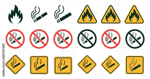 No open fire, no smoking sign, forbidden flame logo symbol, vector illustration for regulatory signage, fire safety, and restricted area alerts.