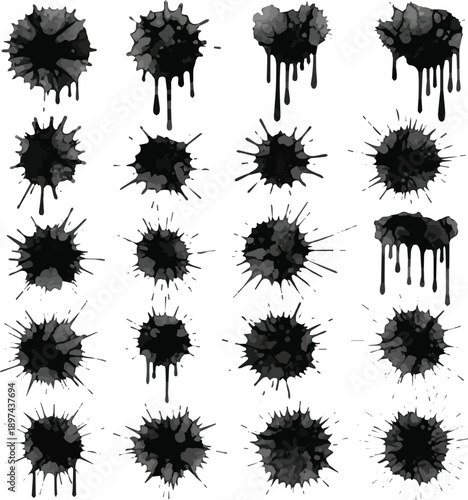 Created on Ink drops. Ink blot spot and splatter, black liquid paint drip splashes. Artistic dirty grunge abstract spot inking stained effect isolated vector set