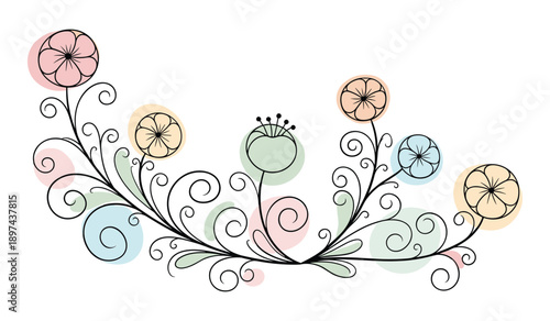Decorative Swirling Floral Border with Pastel Circles Keywords: floral, border, swirl, vine, flower, decorative, organic, nature, spring, summer, whimsical, artistic, illustration, graphic, design