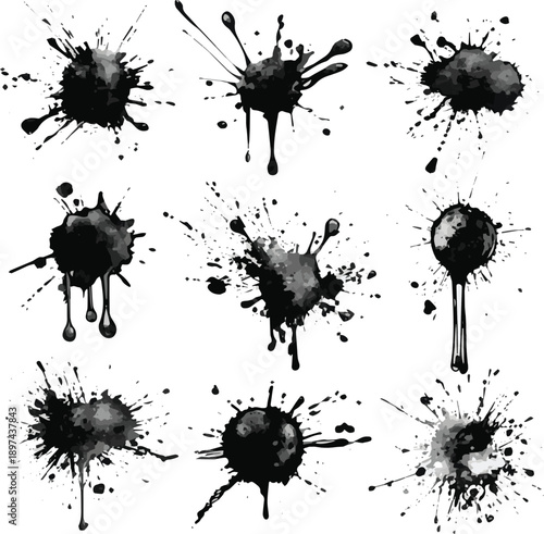 Set of black ink blots. Ink blot spot and splatter, black liquid paint drip splashes. Artistic dirty grunge abstract spot inking stained effect isolated vector set
