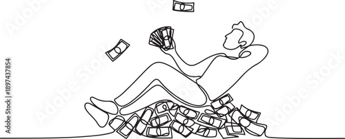 Single continuous line drawing a man lying on a pile of banknotes and fanning himself with the banknotes. Very abundant wealth. Achievement. Be a Millionaire Day. one line Icon drawing