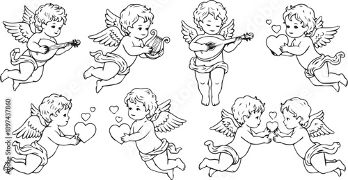 Adorable whimsical line-art cherubs engaging in heartwarming activities with musical instruments and affectionate gestures