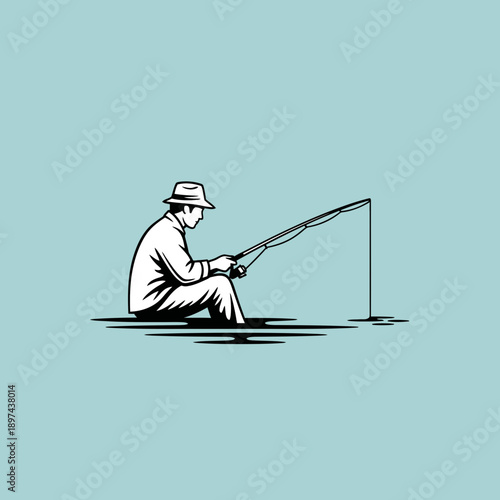 Man fishing with a rod in a minimalist illustration.