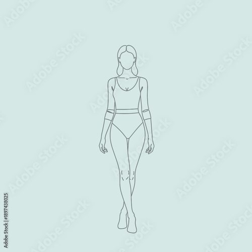 Minimalist Line Art Illustration of Woman in Swimsuit Walking.