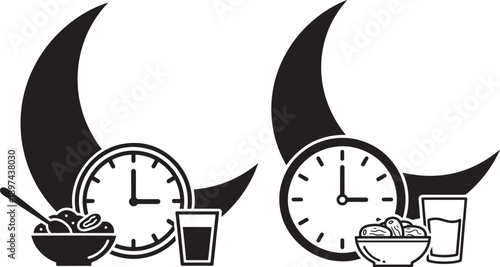 Ramadan Iftar icons with dates, water, and clock under crescent moon, symbolizing fasting
