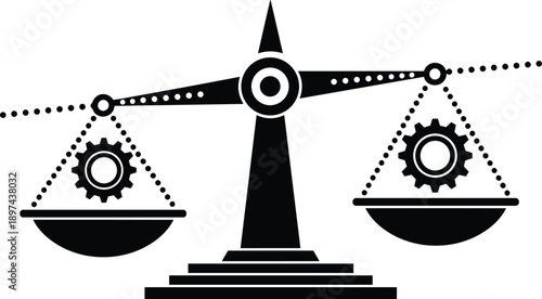 Conceptual black and white silhouette of justice scales balancing two mechanical gears representing industrial harmony, legal technicalities, work life balance, and engineering.