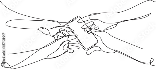 Single continuous line drawing hands fighting for handphone. The latest technology has been released. Only lucky ones will get it. Success requires luck. Hi tech. one line Icon drawing