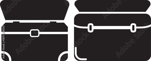 Two briefcase icons, one open and one closed, symbolizing business and travel, black silhouette