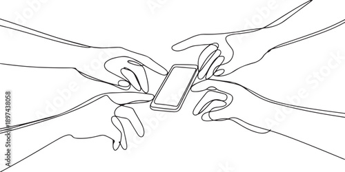 Single continuous line drawing hands fighting for handphone. The latest technology has been released. Only lucky ones will get it. Success requires luck. Hi tech. one line Icon drawing