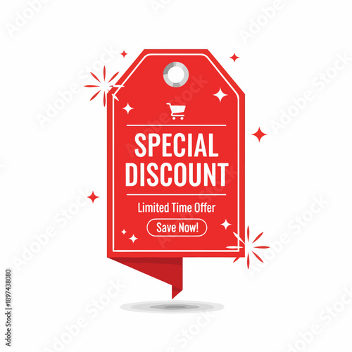 Realistic red sale labels, discount price tags. Paper gift label with rope, promotional sales hanging tag vector illustration.