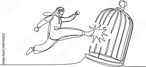 Single continuous line drawing Arab businessman trapped in cage kick the cage until wrecked. Freedom of expression for the smooth running of business. one line Icon drawing