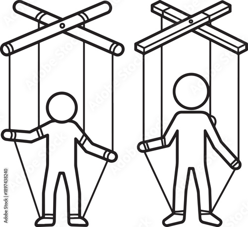 Two puppet icons with control bars, symbolizing control, manipulation, or marionettes