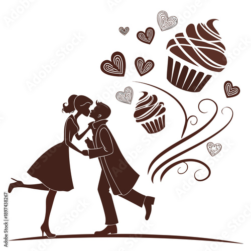 Chocolate love story illustration with couple silloute